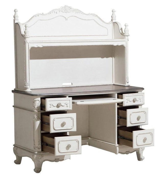 Cinderella Writing Desk and Hutch in Antique White with Grey Rub-Through